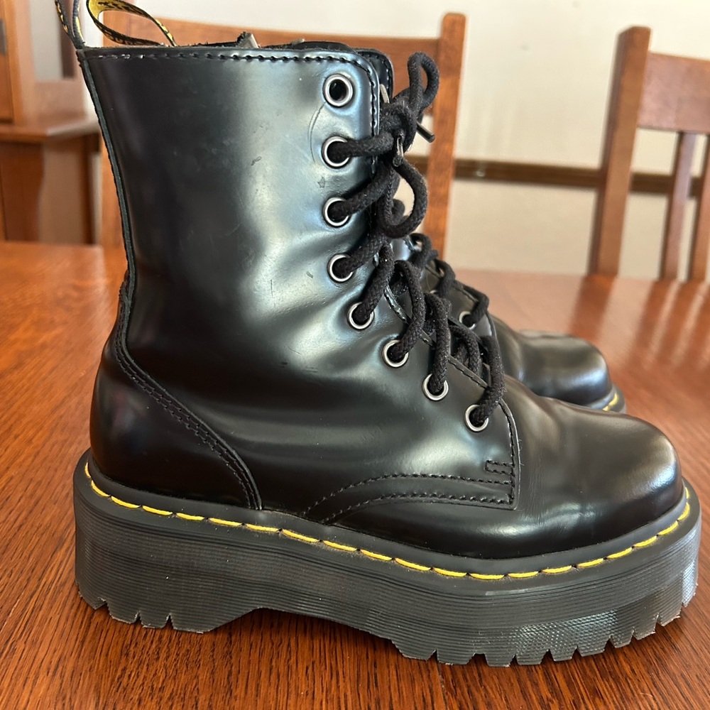 Dr. Martens Jadon platform Black Combat Boots with Yellow Stitching - Picture 4 of 8